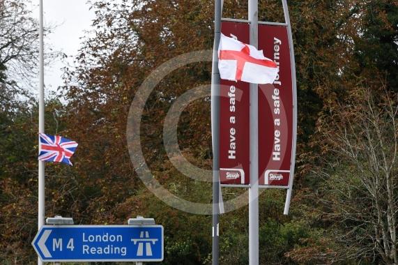 Taplow roundabout by Sainsbury's + J7 Roundabout Bath Road, SloughThe Union Jack and St George’s flag on roundabouts