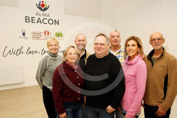 Windsor Homelss Project annual sleep out.  L to R Lesa Killoran (Project Support Worker), Carron Edgell (WHP Manager), Nik Howarth (WHP Vol), Joel Embury (Music Org), Kevin Lyons (WHP Vol), Rachel Burgess (WHP Vol0 and Steve Jones (WHP Vol),