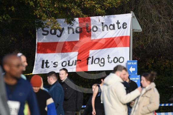 Flag at Half Marathon Start, MaidenheadSay No To Hate, it's our Flag Too(Berkshire Agaisnt Hate) 