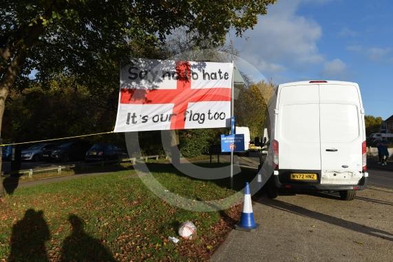 Flag at Half Marathon Start, MaidenheadSay No To Hate, it's our Flag Too(Berkshire Agaisnt Hate) 