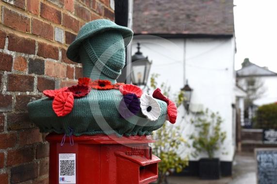 Remembrance knitting on top of the postbox on Bray High StreetALSOA Remembrance Poppy display in the park on Bray Road, Bray