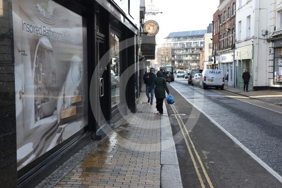 Maidenhead High Street (Looking down the road between junction with Queen St and St Ives Rd)People were complaining about the pavements in the town centre, particularly the narrow and undulating pavements