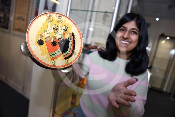 Maidenhead Heritage Centre.Photo of their new exhibition- Toys of Yesteryear that is launching on Friday. Heritage centre manager Semila with tamborine.