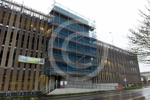 Scaffolding on the outside of Vicus Way carpark has been there for months without any progress on repairs.  Stafferton Way, Maidenhead