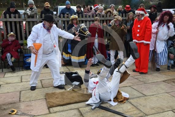 Mummers Play at the Dewdrop Inn in HurleyEllington Morris performing their traditional Mummers play on Boxing Day at two local pubs. The play features St.George and the Turkish fighting to the death and a Doctor and his wondrous horse then bringing the slain St.George back to life, assisted by Molly, Father Christmas, Jack Finney and Beelzebub. The side also collects donations for the Maidenhead Mencap Monday Club. 