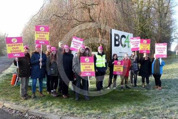 Staff are going on strike at three Windsor Forest College Group sites in Berkshire. Striking staff on the picket line outside BCA
