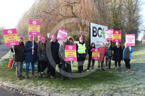 Staff are going on strike at three Windsor Forest College Group sites in Berkshire. Striking staff on the picket line outside BCA