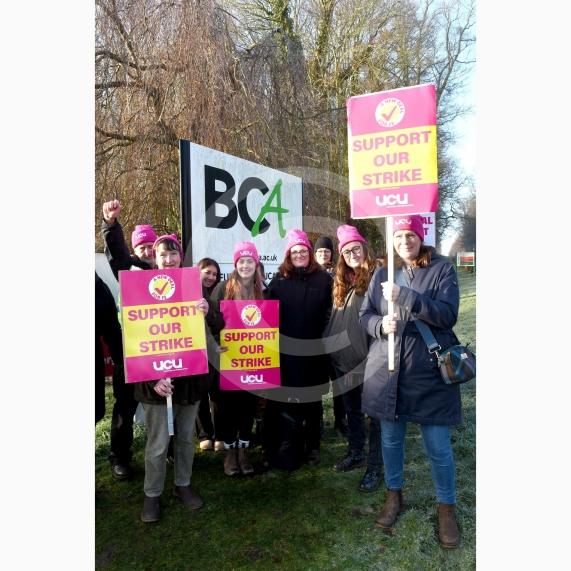 Staff are going on strike at three Windsor Forest College Group sites in Berkshire. Striking staff on the picket line outside BCA