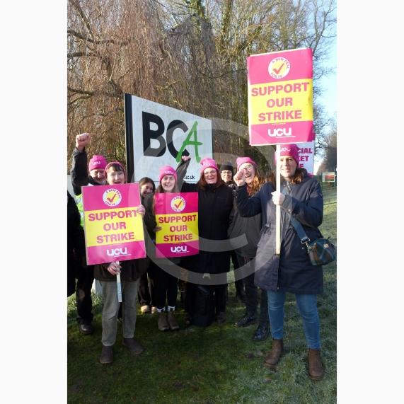 Staff are going on strike at three Windsor Forest College Group sites in Berkshire. Striking staff on the picket line outside BCA