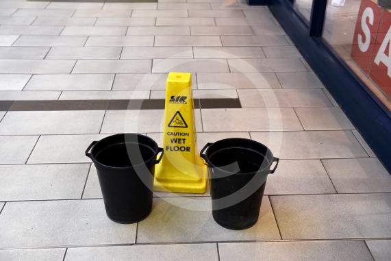 Buckets for leaks, Nicholsons Centre, Maidenhead