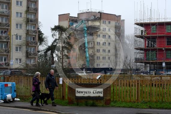 Sawyers Crescent, WindsorWork has started on demolishing the flats.First block of flats to be demolished. 