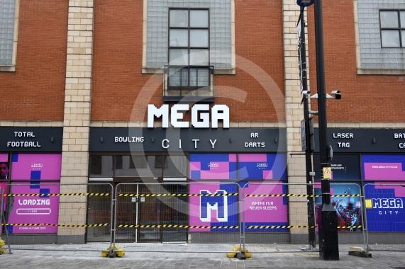The new Mega City that will be opening on Slough High Street . It will feature lots of entertainment and games facilities. Signage has now gone up. 
